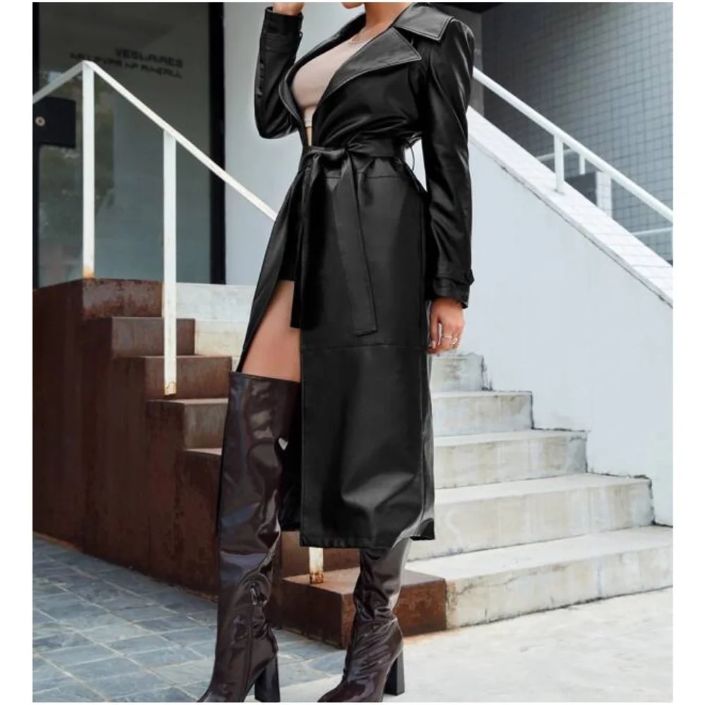 Luxe Black Vegan Leather Wide Collar Trench Coat Jacket - Picture 2 of 3
